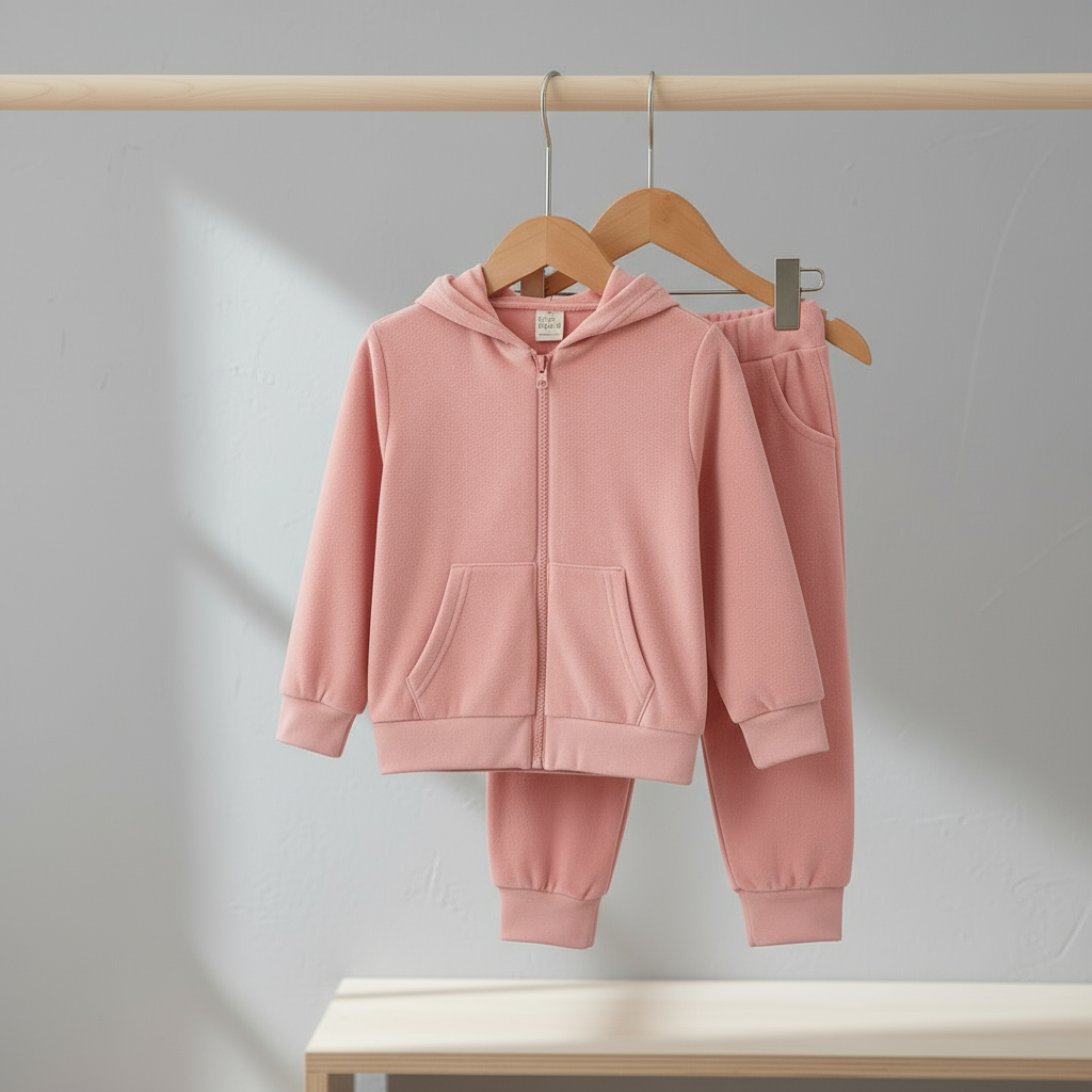 Light pink hooded tracksuit with a zip-up jacket and cuffed pants on hangers
