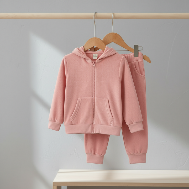 Light pink hooded tracksuit with a zip-up jacket and cuffed pants on hangers