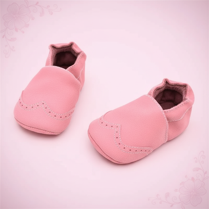 Light pink baby shoes with rounded toes and slip-on ankle openings