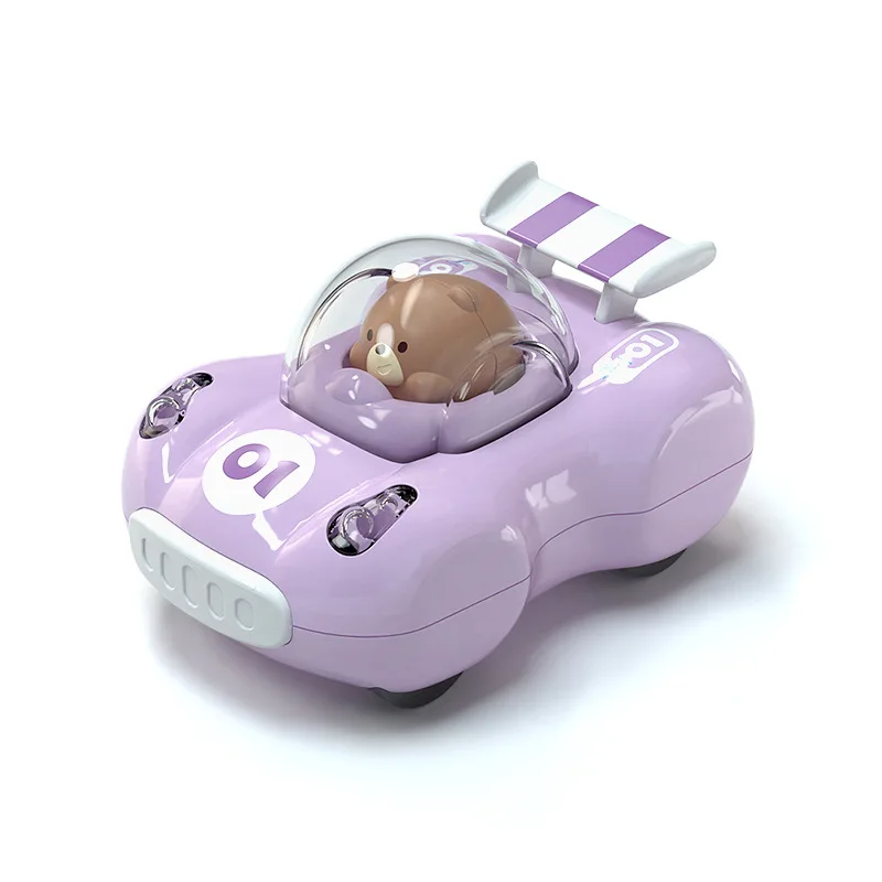 Light purple toy car with bear driver, clear canopy and striped rear spoiler