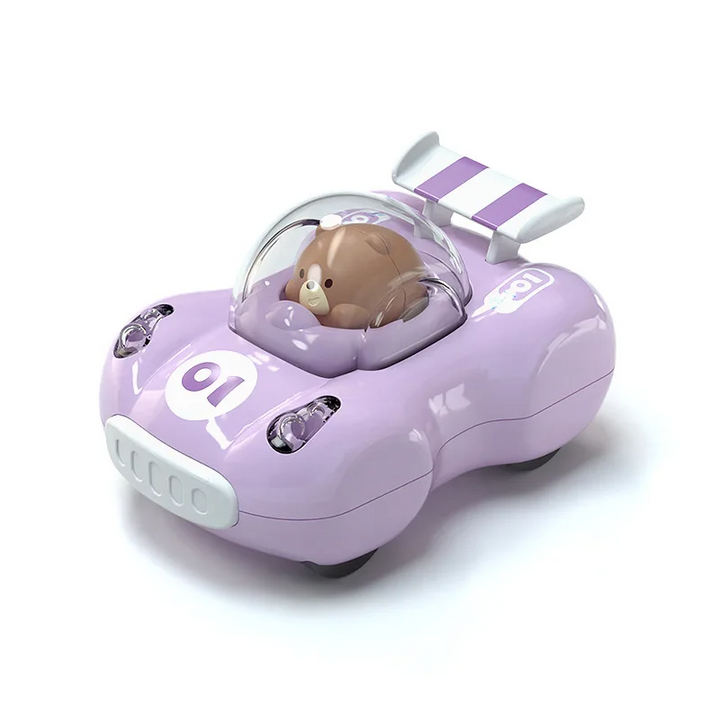 Light purple toy car with bear driver, clear canopy and striped rear spoiler