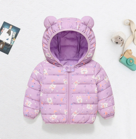 Light purple rabbit-print puffer jacket with a purple hood lining and rounded ears