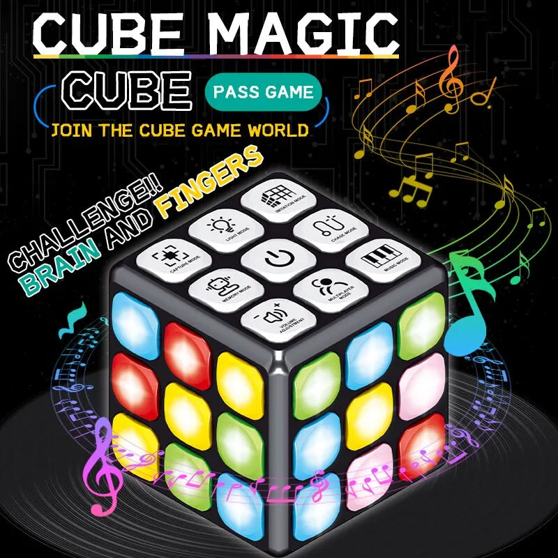 Light-up activity cube with musical note graphics and top-mounted game controls
