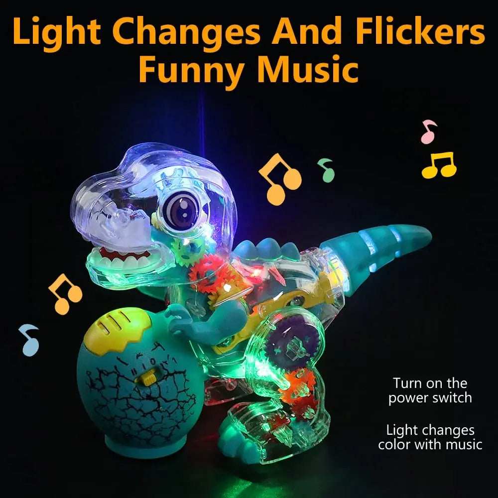Transparent dinosaur glowing with colored lights beside musical-note graphics