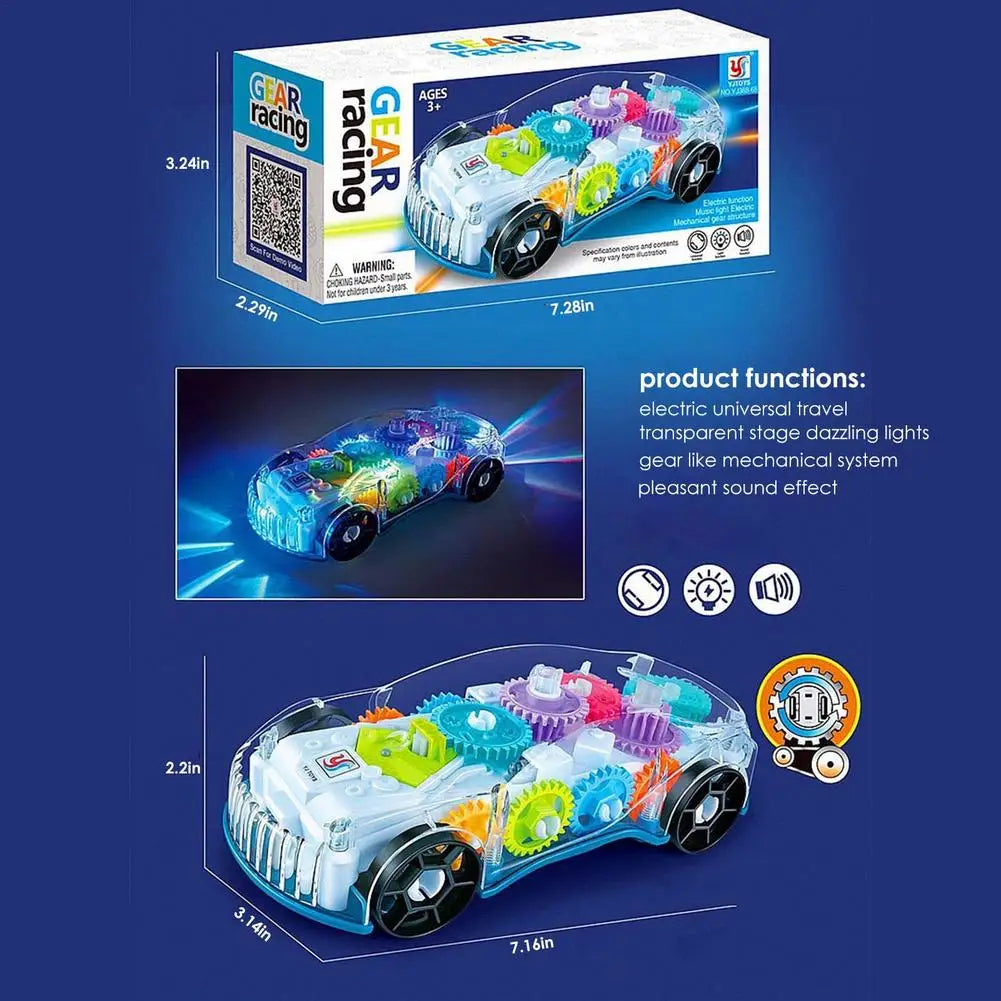 Measurement and feature graphic showing the transparent gear car, its box, and its LED lights