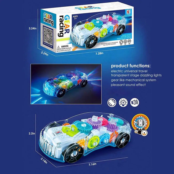 Measurement and feature graphic showing the transparent gear car, its box, and its LED lights