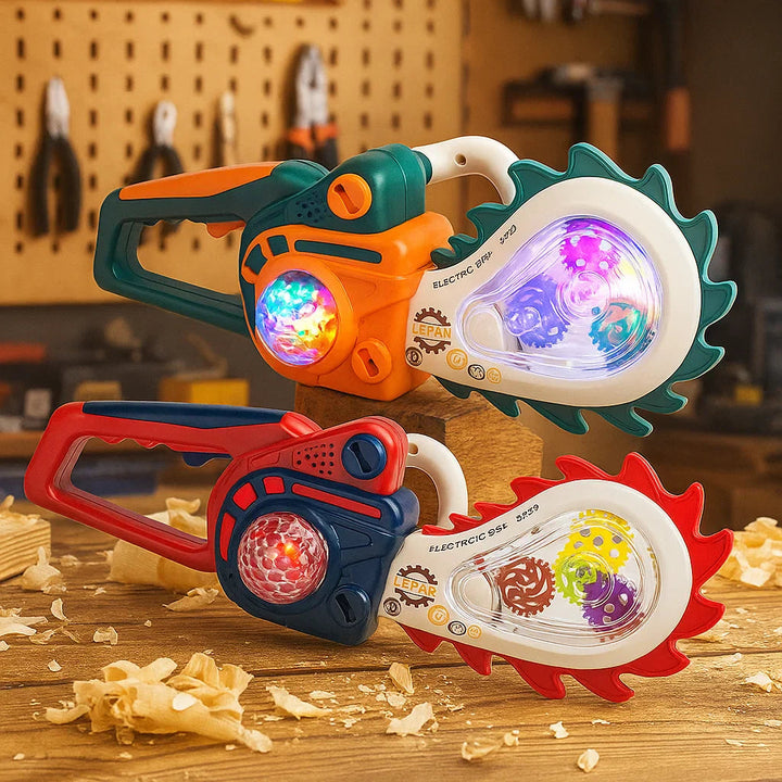 Red and green toy saw options with glowing lights on a workbench
