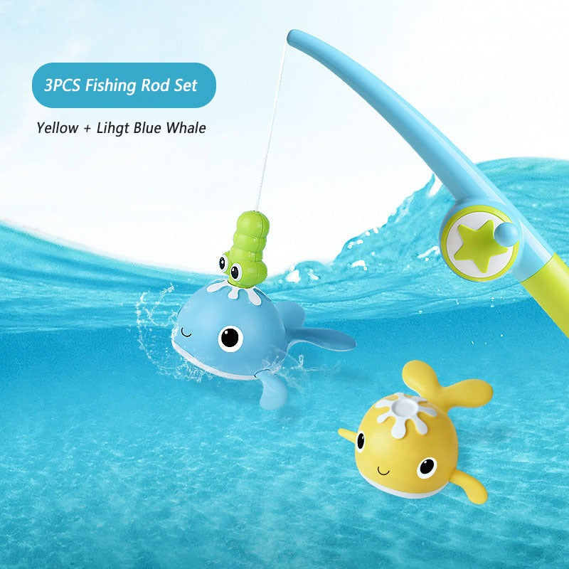 Three-piece light-color bath fishing set with yellow and light blue whales and a magnetic fishing rod.