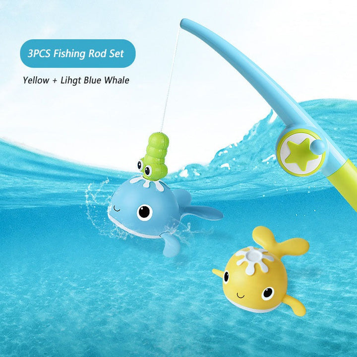 Three-piece light-color bath fishing set with yellow and light blue whales and a magnetic fishing rod.