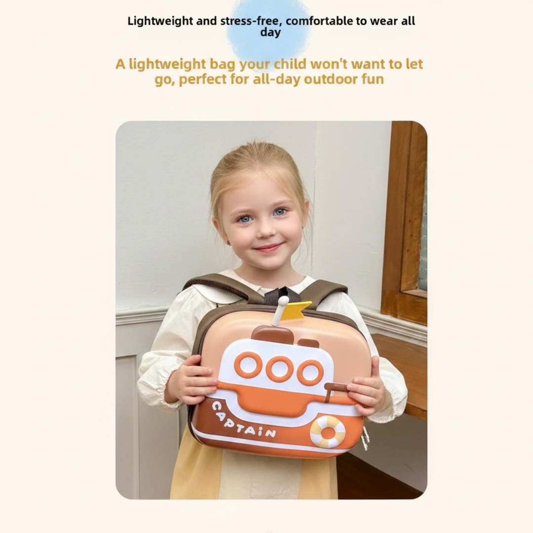 Child holding an orange backpack with a raised boat design
