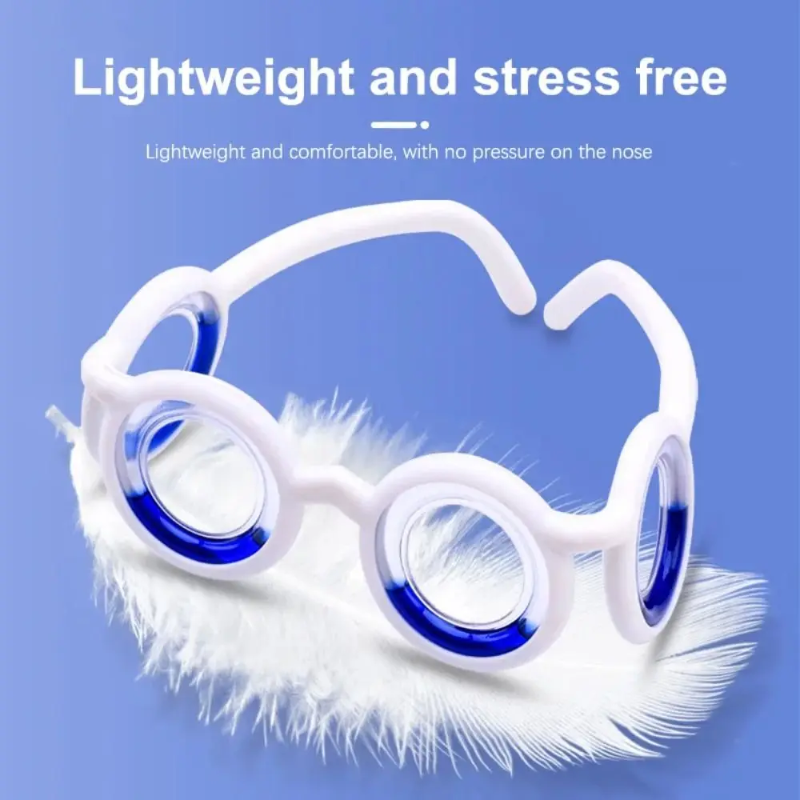 White lens-free travel glasses resting on a feather in a lightweight-design graphic