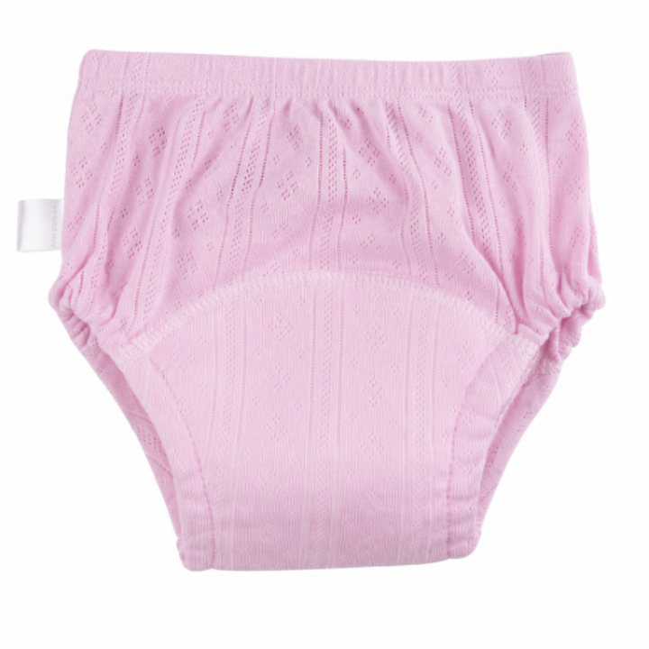 Lilac-toned cotton training pants with a broad curved front panel and elastic waist.