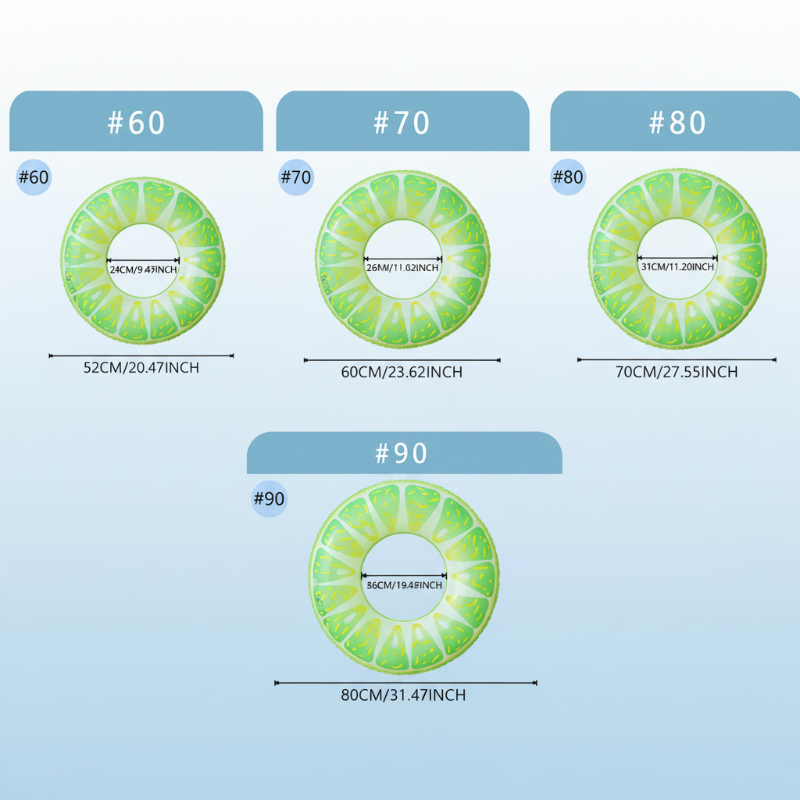 Swim ring size chart showing outer diameters of 52, 60, 70, and 80 cm.
