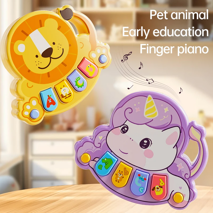 Yellow lion and purple unicorn animal pianos with colorful keys