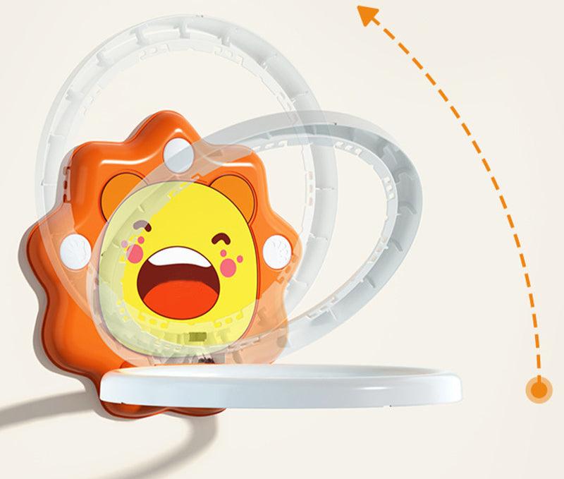Orange lion basketball hoop with an arrow showing how the rim folds upward