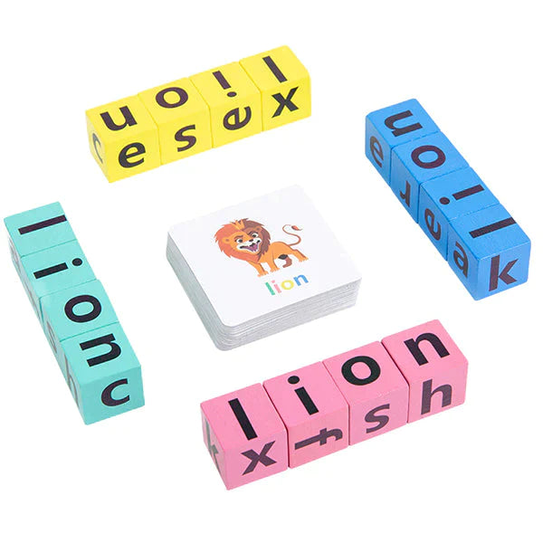 Lion picture card surrounded by four rows of colorful wooden letter blocks