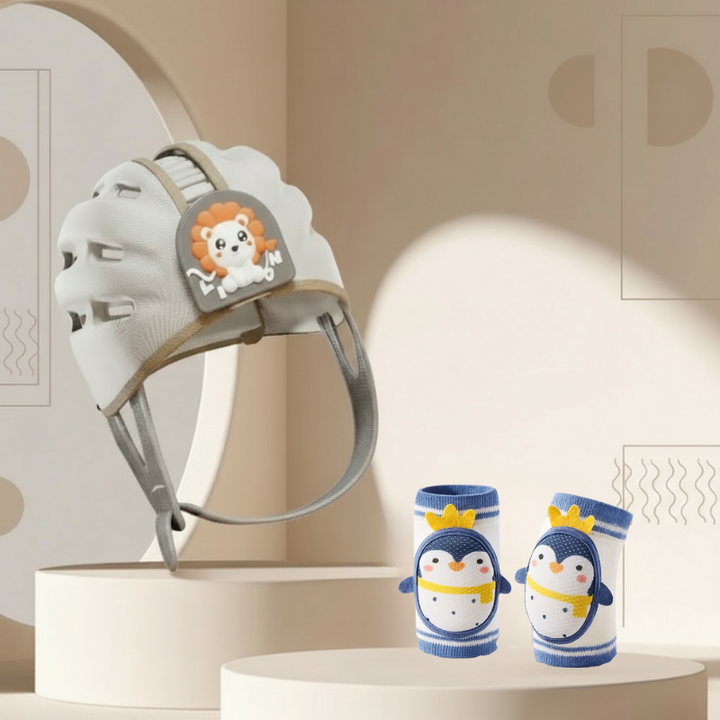 Gray lion headguard displayed with a pair of dark blue penguin knee pads