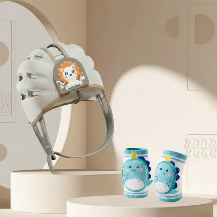 Gray lion headguard displayed with a pair of light blue dinosaur knee pads