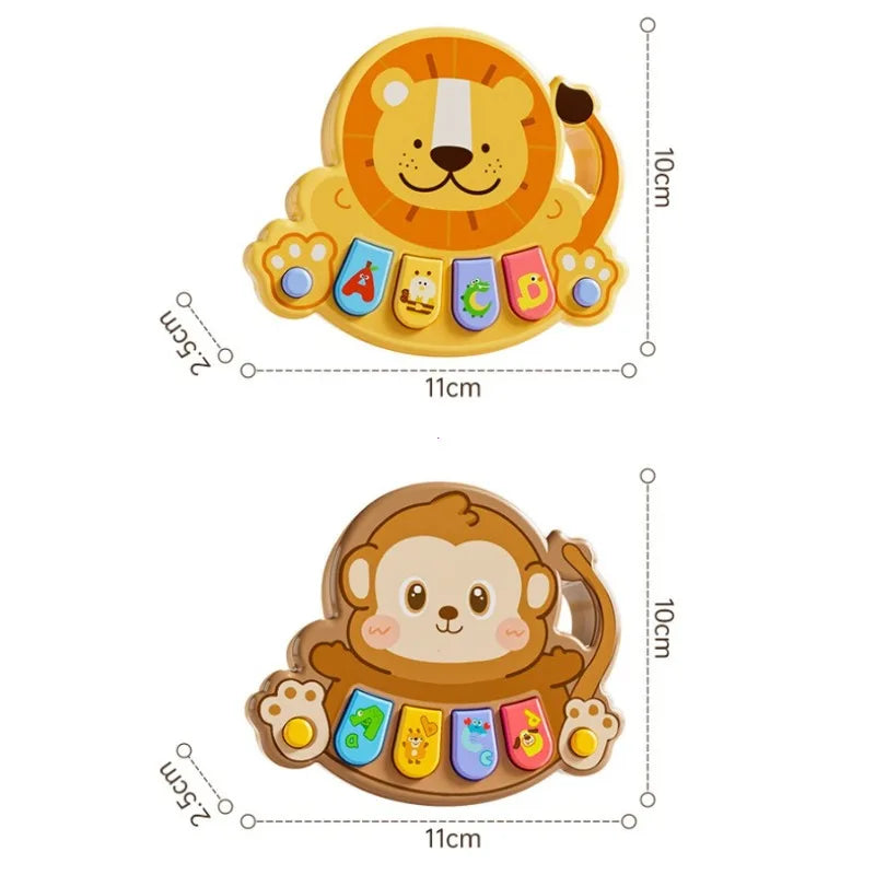 Dimension chart for lion and monkey pianos measuring 11 x 10 x 2.5 cm