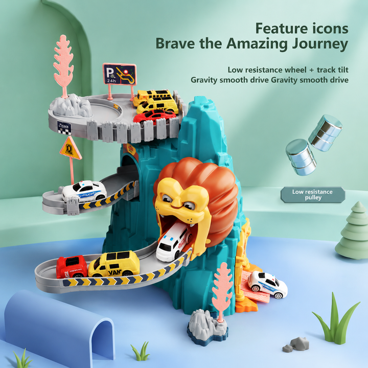 Lion-mouth track with curved downhill lanes and an inset showing the underside of a toy car.