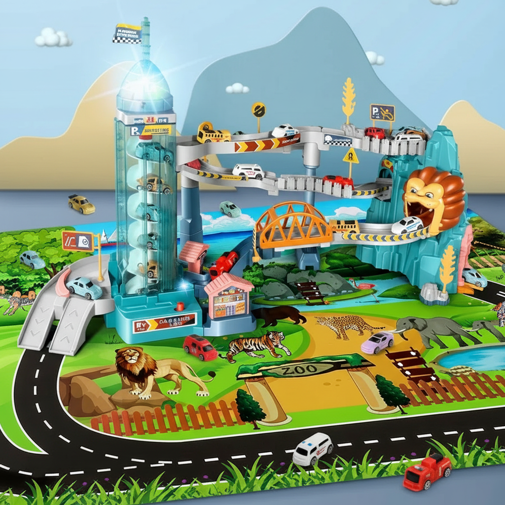 Lion Mountain highway with a clear lift tower, orange bridge, and zoo-themed road mat.