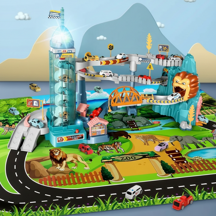 Lion Mountain highway with a clear lift tower, orange bridge, and zoo-themed road mat.