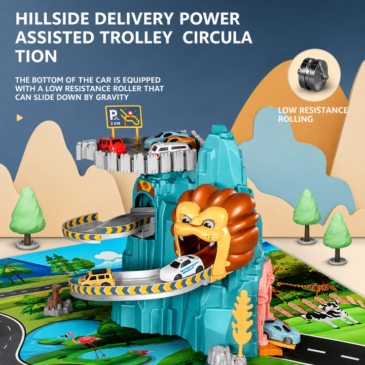 Lion Mountain track with cars and an inset showing a small car&