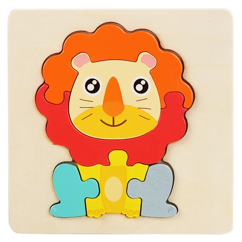 Completed lion wooden jigsaw puzzle on a square board with turquoise, yellow, and gray body pieces