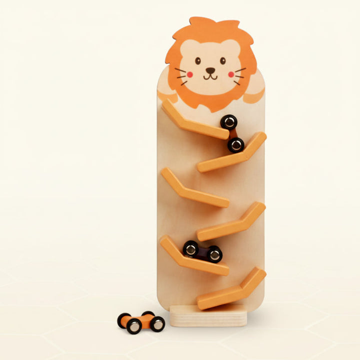 Lion wooden car ramp with six yellow zigzag levels and three toy cars