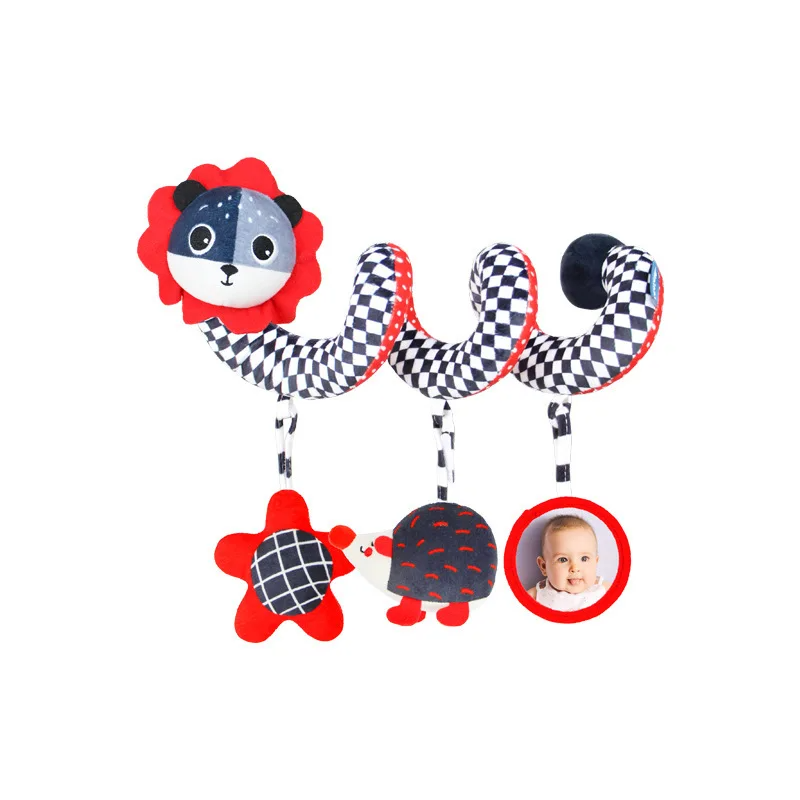 Lion spiral activity toy with patterned coils, red hanging shapes, and a round mirror.