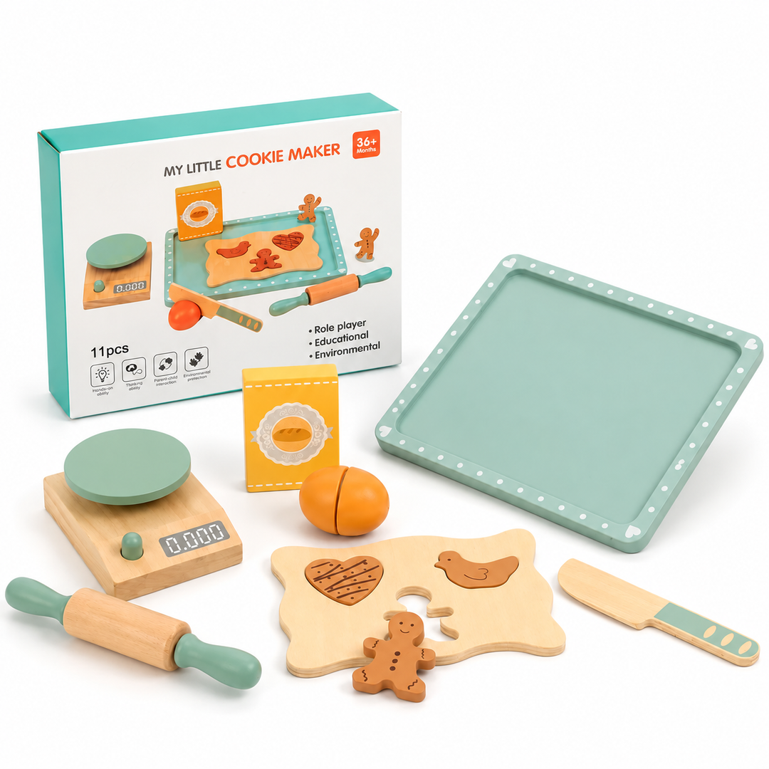 11-piece wooden baking set with mint tray, pretend scale, rolling pin, cookie shapes, and retail box