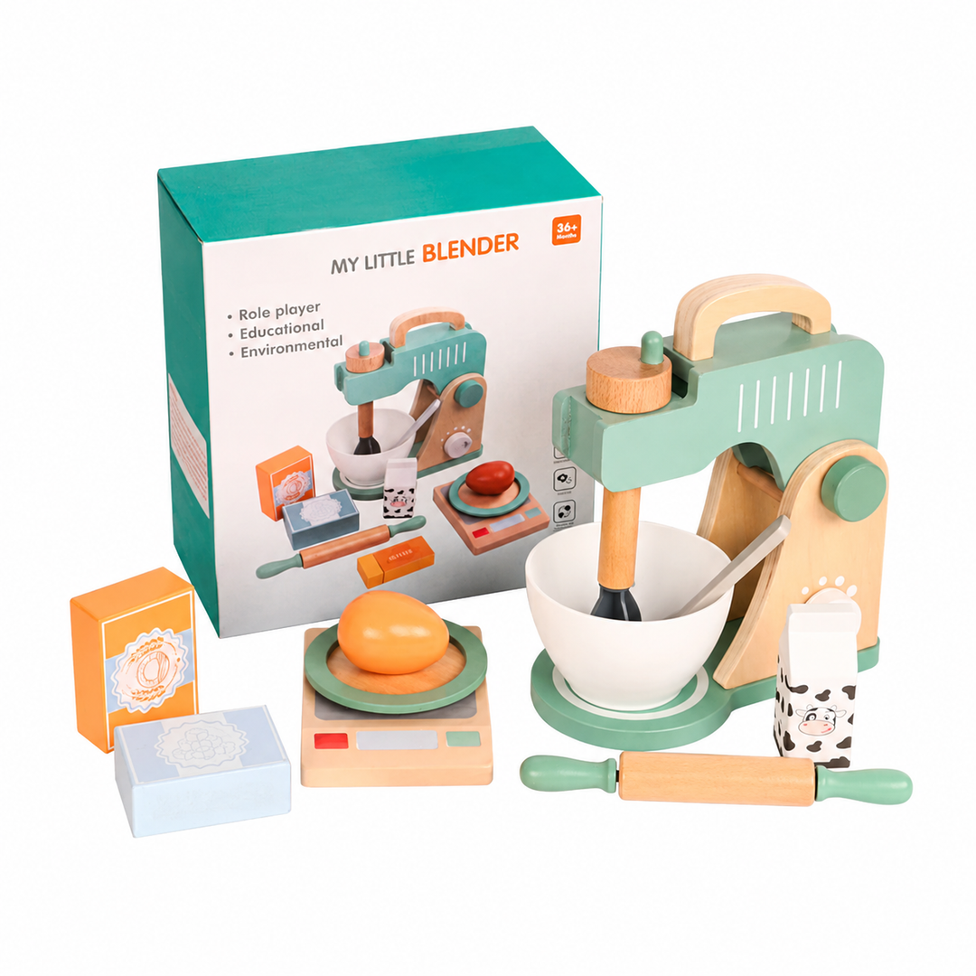 Wooden toy mixer set with bowl, rolling pin, play scale, pretend ingredients, and retail box