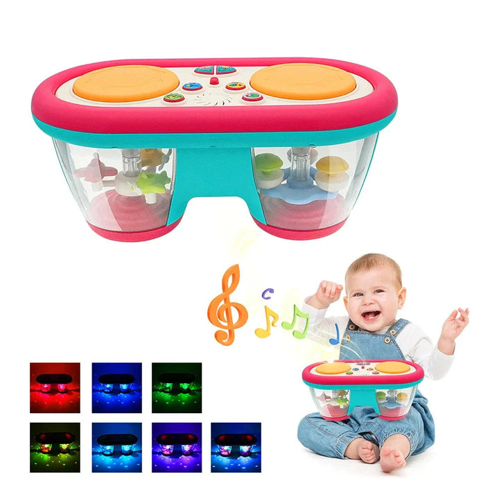 Colorful musical drum toy with two yellow pads, a seated baby and examples of colored lights
