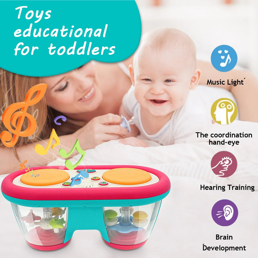 Musical drum toy with two yellow pads shown alongside a mother and baby