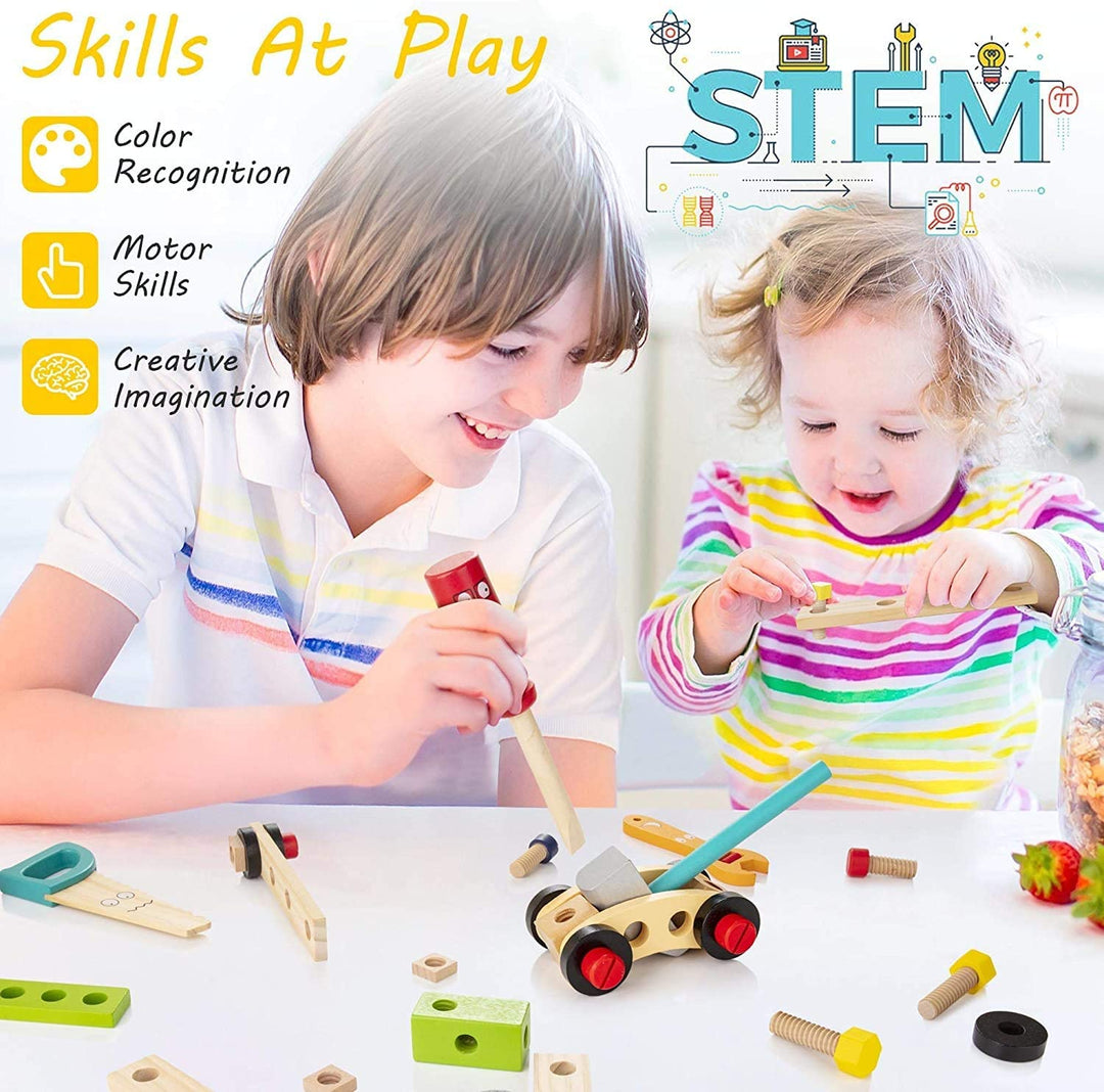Two children using wooden tools and colorful building parts together
