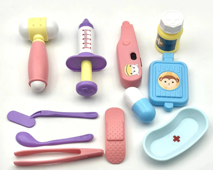 Eleven-piece toy doctor kit with a syringe, thermometer, reflex hammer, tweezers and tray