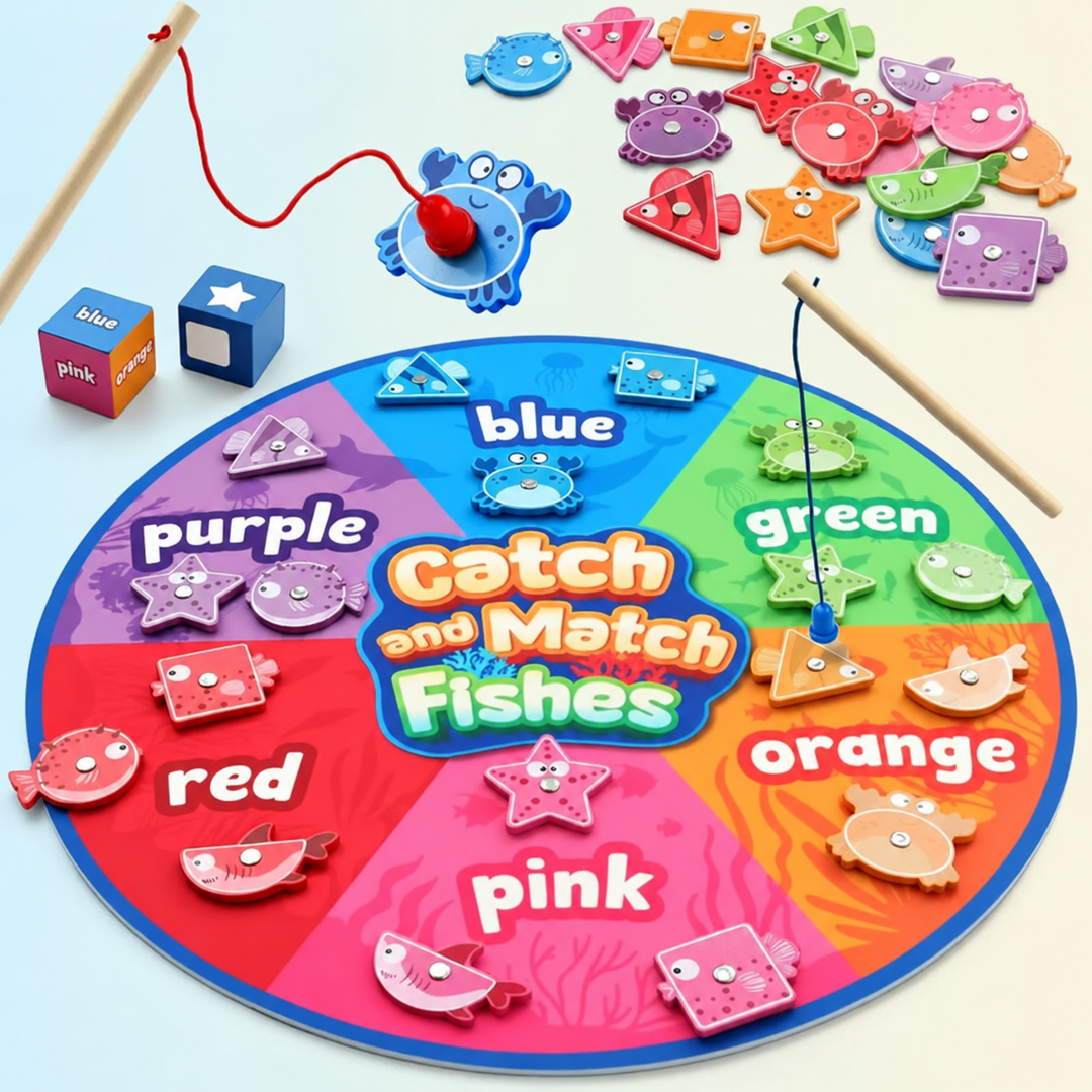 Magnetic fishing game with a color-sorting mat, wooden fish, two rods, and two dice