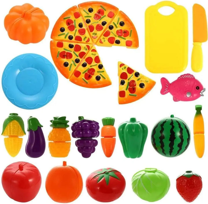 Colorful toy fruits, vegetables, pizza slices, fish, plate, cutting board, and toy knife on a white background