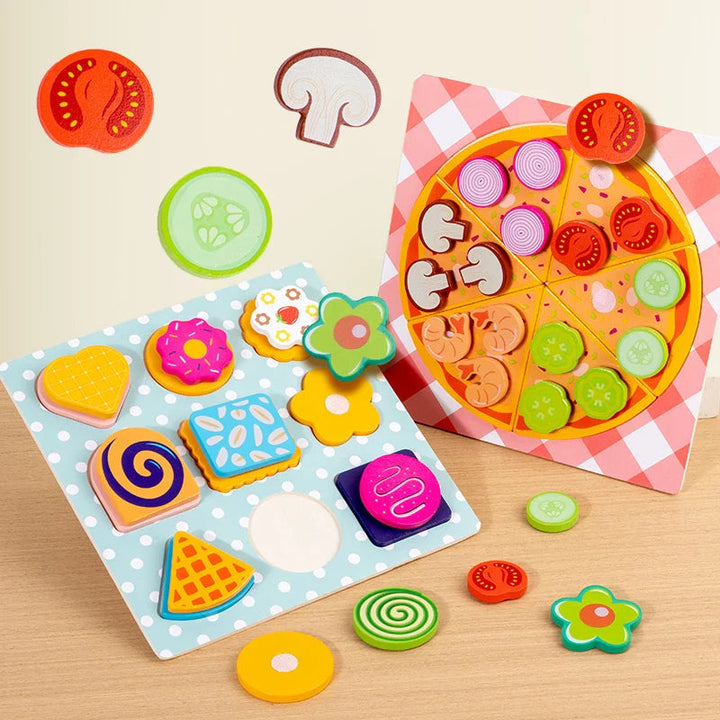 Wooden pizza and cookie play boards with colorful removable toppings and cookie shapes
