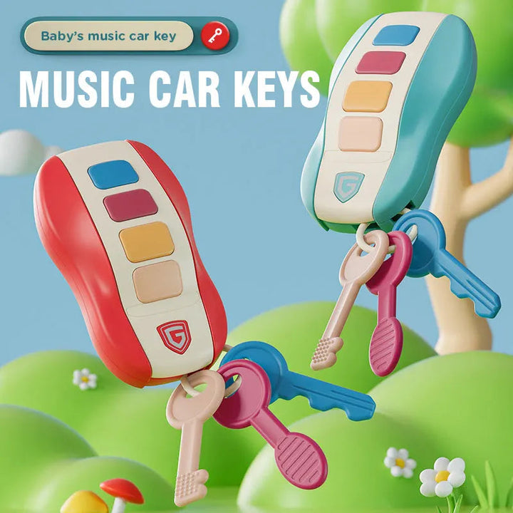 Red and blue musical toy key fobs with colorful buttons and hanging toy keys