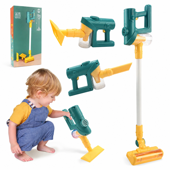 Green toy vacuum in upright and handheld setups with yellow attachments, packaging, and a child playing
