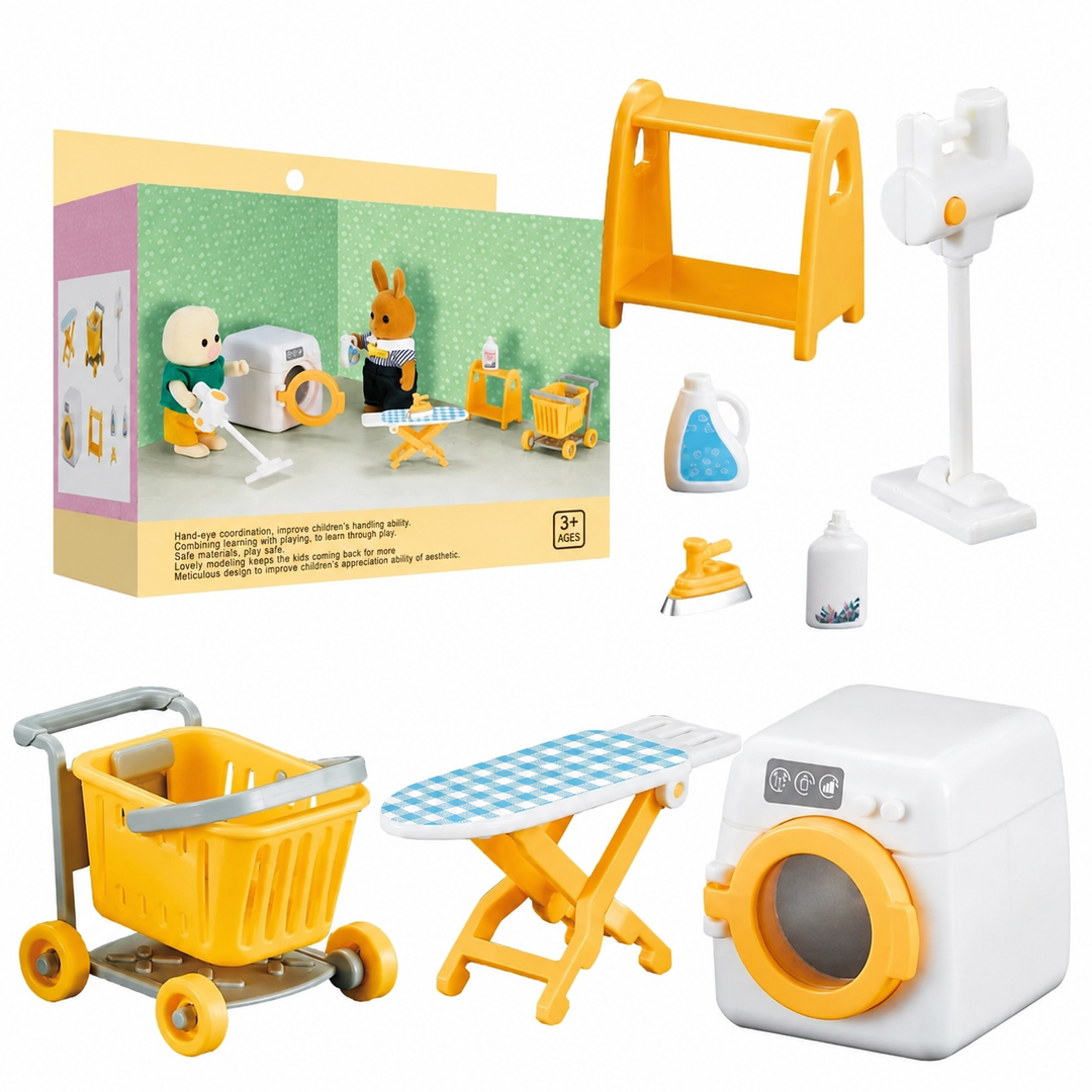 Miniature washer, ironing board, laundry cart, rack, vacuum, iron, and bottles beside the product box