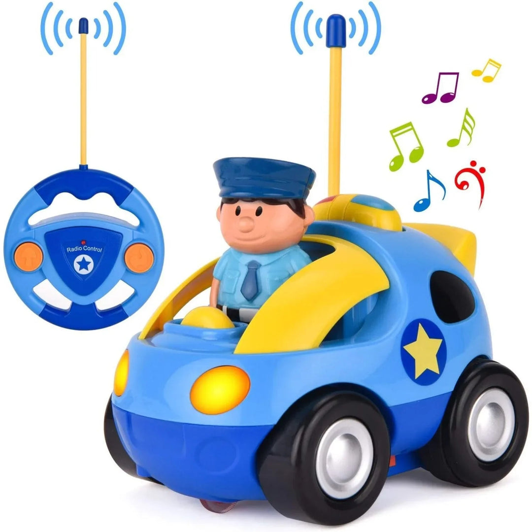 Blue-and-yellow police toy car with an officer figure and steering-wheel-shaped remote