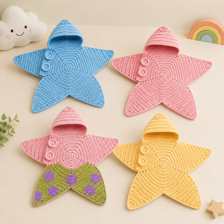 Four hooded star-shaped baby jumpsuits in blue, pink, yellow, and pink with green and purple details