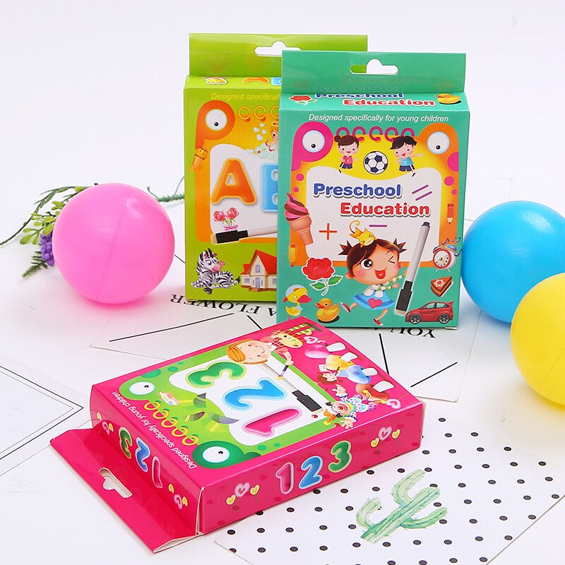 Colorful alphabet and number learning card boxes displayed together