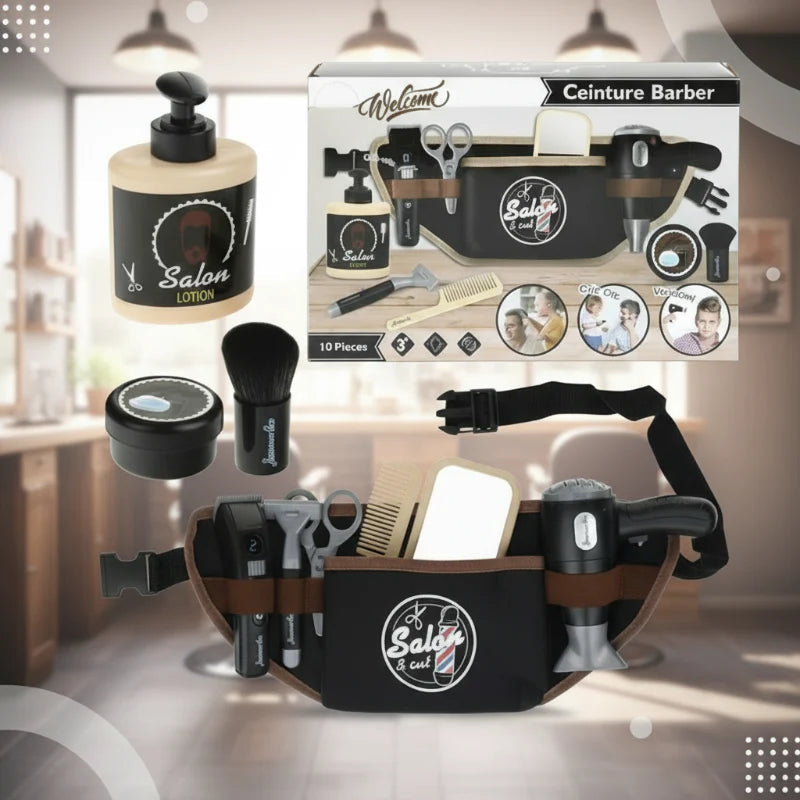 Barber play set with a tool belt, pretend styling accessories, and retail box