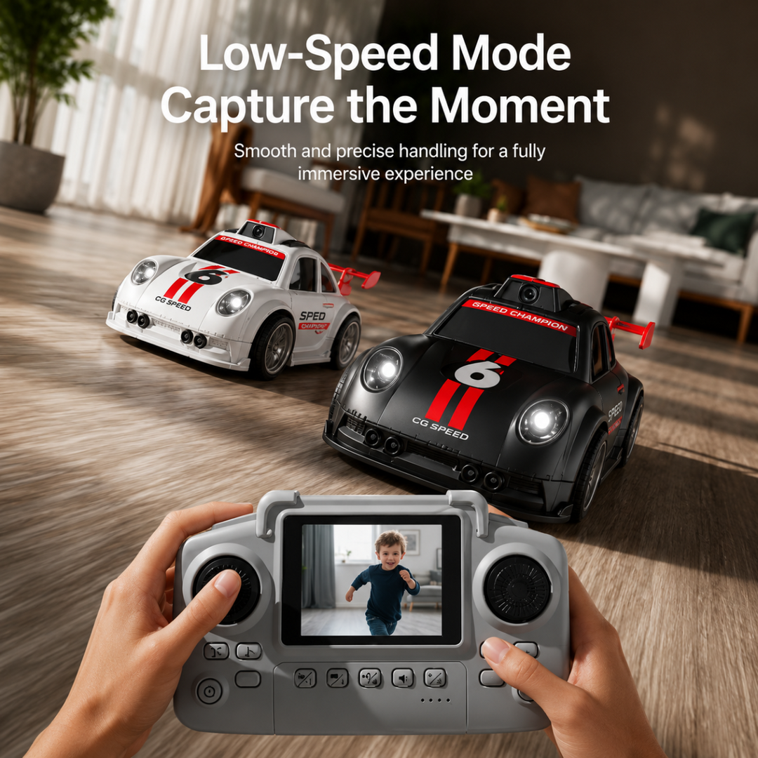 Hands holding a screen remote in front of black and white RC cars in a living room