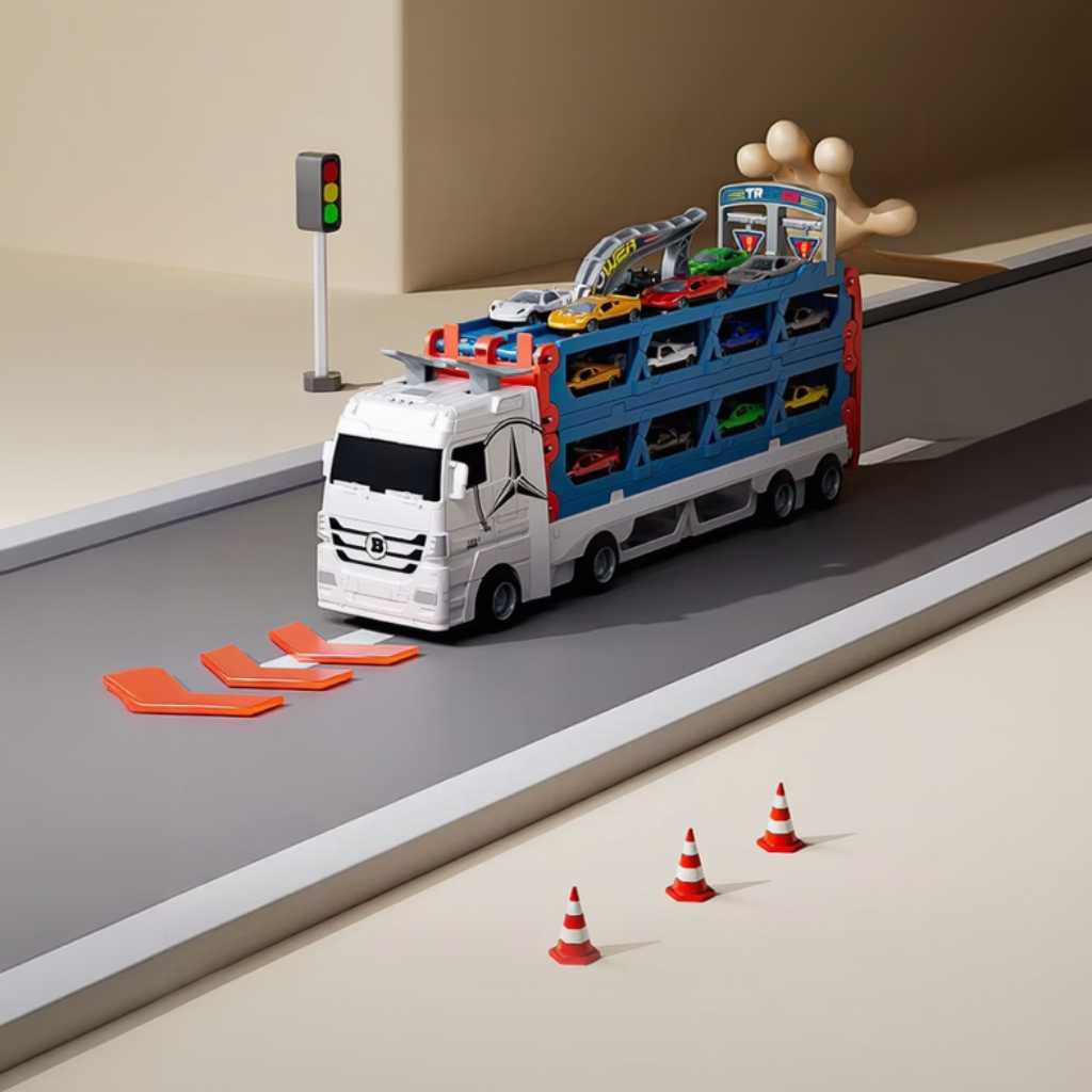 White cab and blue multilevel car transporter carrying colorful cars on a miniature road