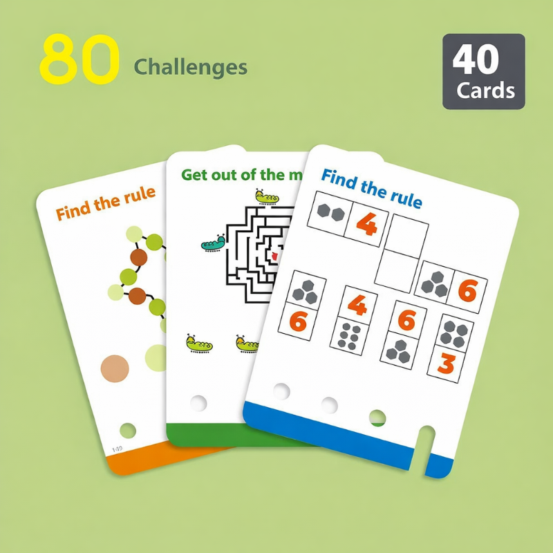 Pattern, maze and number activity cards from the 40-card, 80-challenge puzzle set.