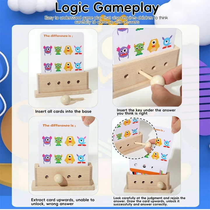 Four-step guide showing how to insert a puzzle card, choose an answer with the key, and lift the card.